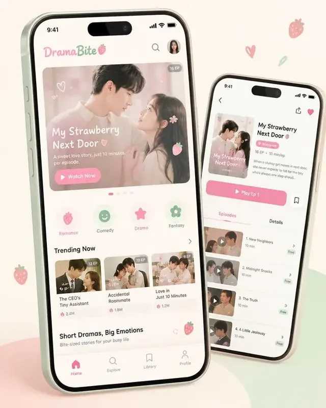 成人漫剧在线 APP 界面展示，甜美粉绿配色短剧播放页面